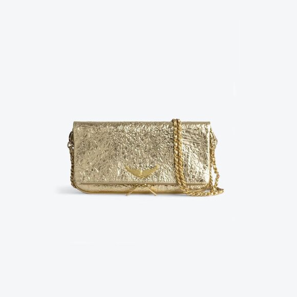 Zadig & Voltaire Purse Gold ROCK WRINKLED METAL Crossbody convertable Clutch - Picture 1 of 7